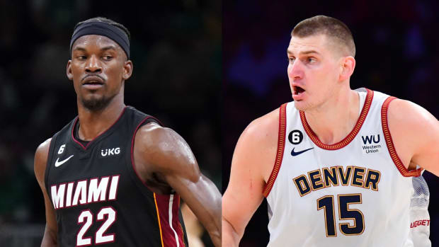 Heat forward Jimmy Butler competes in the Eastern Conference finals. Nuggets center Nikola Jokic dribbles the ball during the Western Conference finals.
